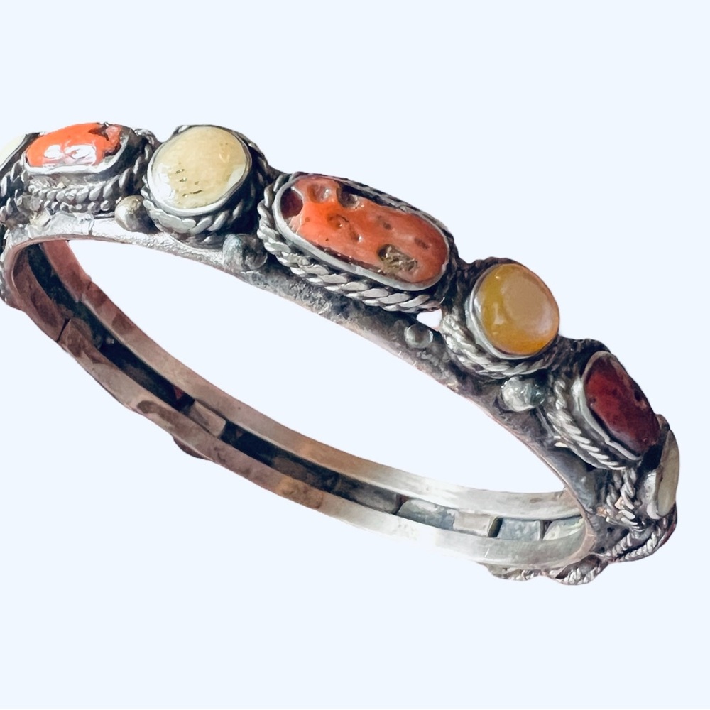 Vintage Sterling Silver Native American Coral & White Stone Bangle Bracelet
